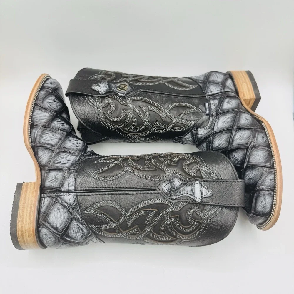 Rock'em Big Bass Print Boots Men's Size 7.5 EE‎ Black Leather  Square Toe